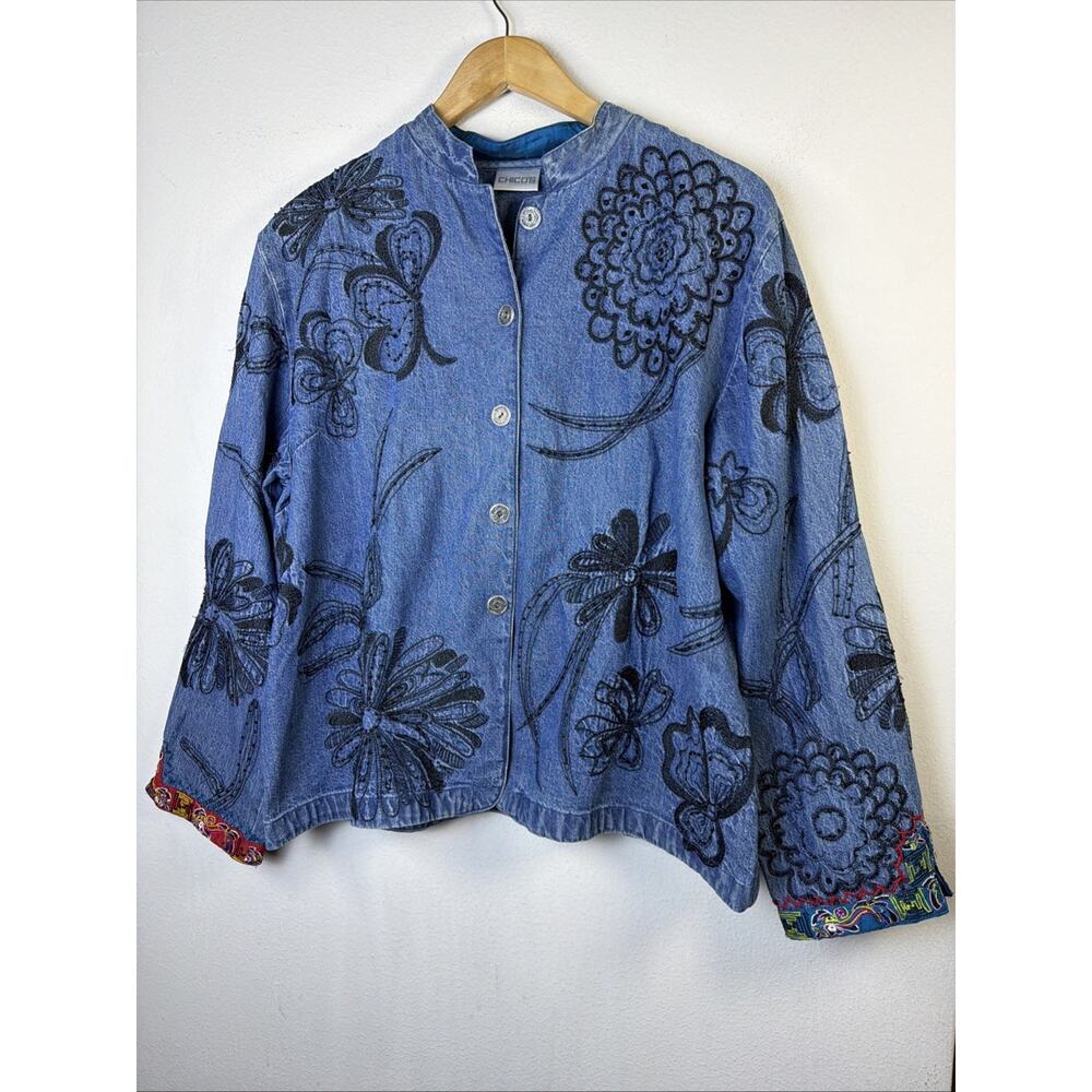 Chico's Design Southwest Embroidered Floral Lt Denim Jacket Large Boho victorian - Picture 7 of 16